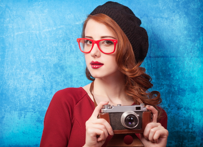 fashionable, red hair, antique, hipster, hairstyle, blue Background, fashion, cheerful, old-fashioned, sensuality, eyeglasses, grey, caucasian Ethnicity