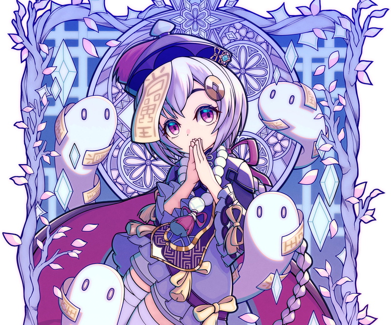 purple, looking at viewer, ghost girl, digital art, 2K, anime girls, Qiqi (Genshin Impact), hair pins, artwork, lolita, fictional creatures, anime games