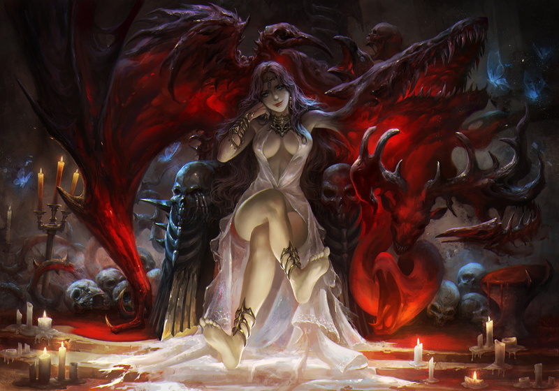 art, 1080P, demoness, fantasy, the legs, the throne, candles, pose, skull, look