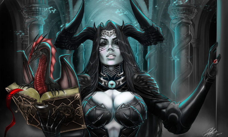 Art, Beautiful, Girl, Darkness, Anwar Gant, Illustration, by Anwar Gant, Demoness, Succubus, Fiction, Horns, The devil, Dark Queen, Devil, 1080P, Book