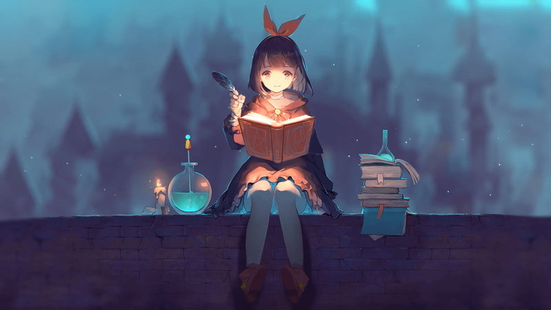 Original, 1080P, Magic, Black Hair, Anime, Book, Grey Eyes, Girl