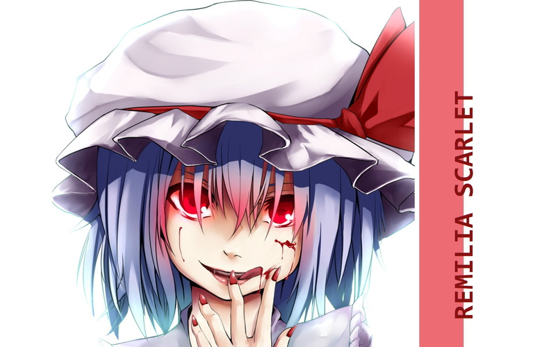 blood on his hands, the vampire, hell of a grin, madness, 1080P, hunger, touhou project, by Canae, Remilia Scarlet, red eyes, face