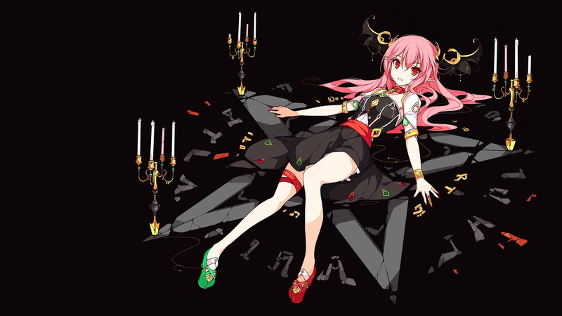 Touhou, bangs, anime girls, black background, black dress, indoors, simple background, art and craft, Koakuma, pentagram, pointed ears, long hair, celebration