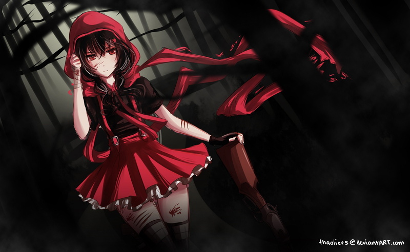 rifles, shirts, eyes, weapons, scars, girls, scarfs, rose, blood, highs, rwby, trees, thigh, hair, black, bandages, anime, hoodies, firearms, long, skirts