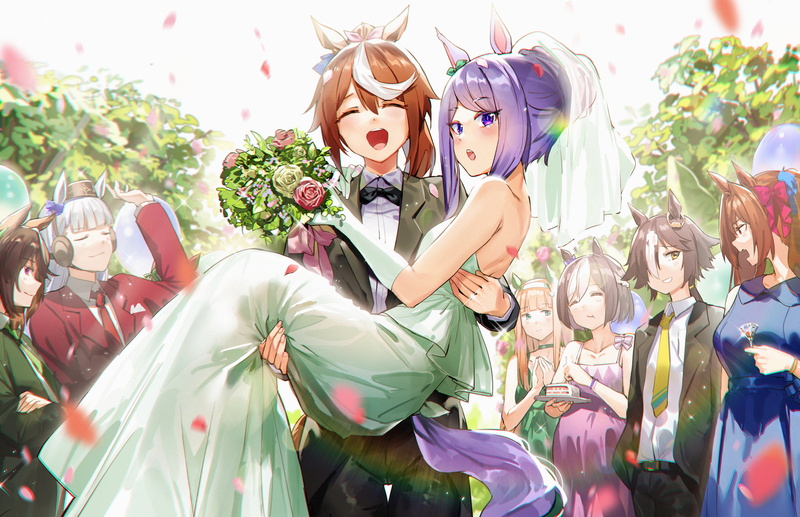 aqua eyes, closed eyes, brunette, green dress, twintails, silver hair, alternate costume, purple eyes, anime girls eating, horse girls, Silence Suzuka (Uma Musume)