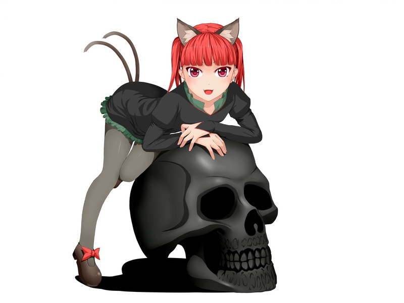 Tamaki, human, Rin Kaenbyou, red eyes, two tails, skull, touhou, hell of a grin, black magic, art, 1080P