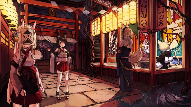 konachan, horns, animal, smoking, natori, youkai, blonde, foxgirl, long, hair, kimono, thighhighs, 1080P, com, original, brown, torii, tail, mask, miko