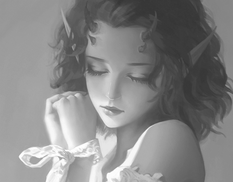 horns, art, closed eyes, black and white, 1080P, hands, Sha Zhang, youkai, girl