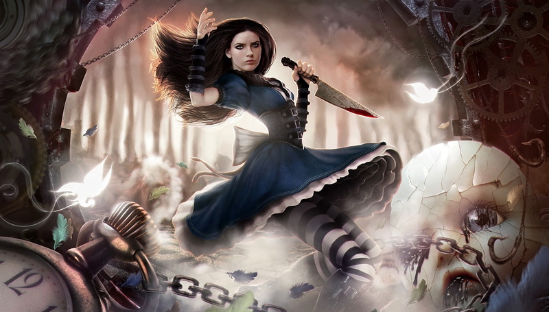 mechanism, chain, feathers, knife, forest, butterfly, 1080P, Alice Madness Returns, blood, Alice, doll, watch, movement