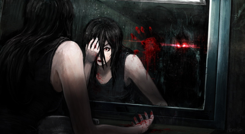 mirror, blood, women, 2K, demon, digital art, black hair, red eyes, glowing eyes