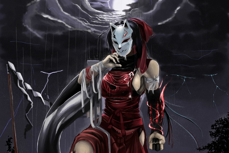 mask, Hakurei Reimu, torn clothes, 2K, Touhou Project, black magic, fist, wounds, zipper, art, blood, night, Nanachis, the shower, bandages, Project East