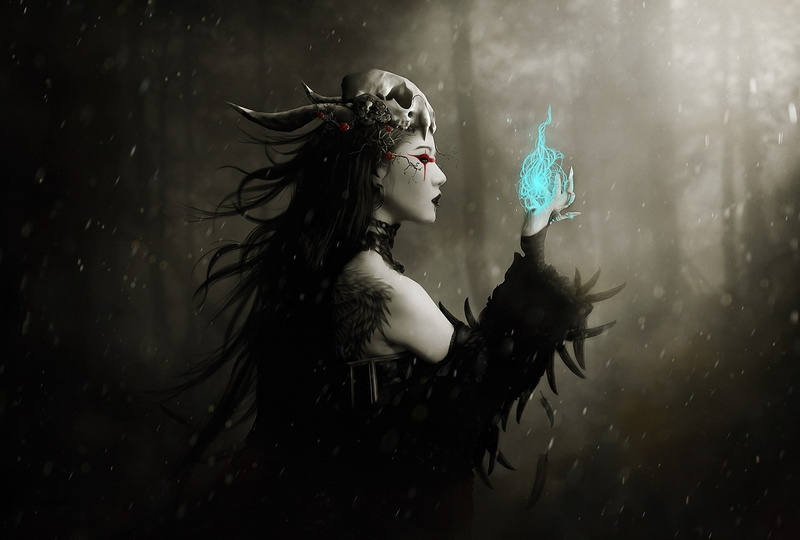 trees, woods, flakes, mood, scary, spell, hair, illustration, occult, evil, fantasy, women, spooky, skull, winter, art, gothic, snow, females, dark, witch