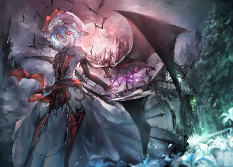 front view, water, people, women, wings, lifestyles, indoors, Remilia Scarlet, transparent, night, real people, digital composite, plastic, paint, vampires