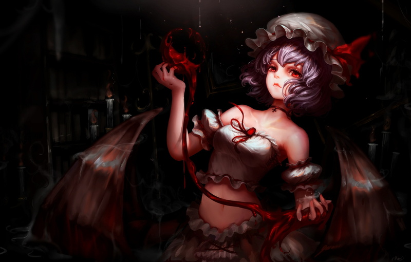 architecture, costume, blood, Touhou, wings, no people, art and craft, sculpture, clothing, red, indoors, anime, female likeness, human representation
