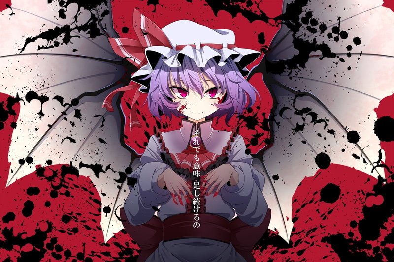 short hair, wings, pink eyes, anime girls, purple hair, Touhou, Remilia Scarlet, anime, blood, 1080P