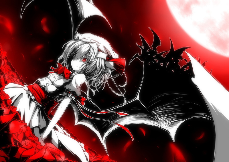 wings, rose, Moon, red eyes, 2K, ribbon, Touhou, white dress, white hair, Remilia Scarlet