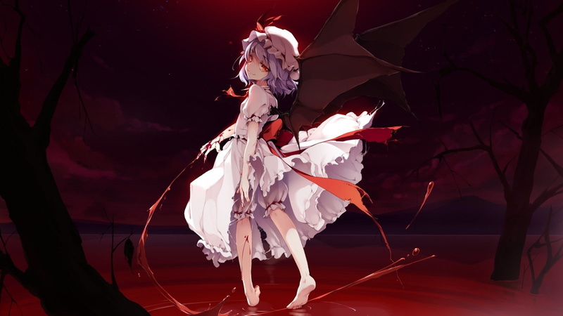 Touhou, 720P, Remilia Scarlet, white dress, blood, wings, anime