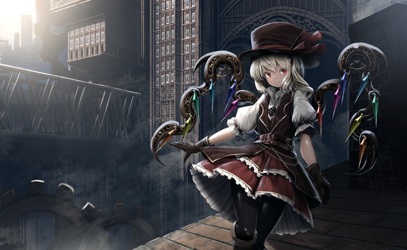 industrial, Flandre Scarlet, 720P, hat, vampires, short hair, Touhou, blonde, red eyes, wings