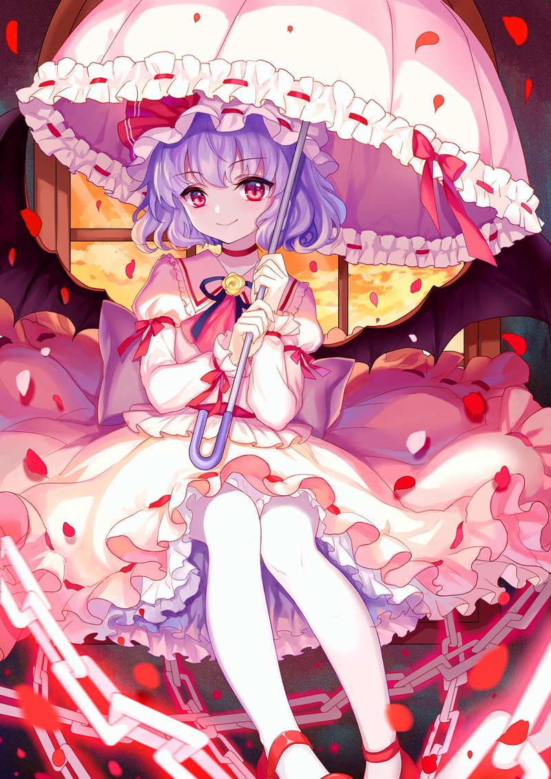 anime girls, umbrella, anime, red eyes, Remilia Scarlet, wings, bat wings, dress, 720P, vampires, white legwear, short hair, Touhou