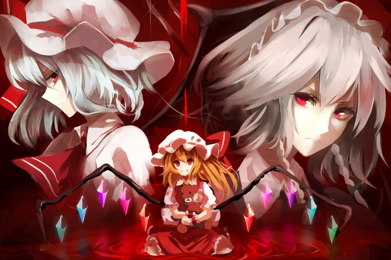 vampires, grey hair, short hair, Remilia Scarlet, anime, red eyes, 1080P, Flandre Scarlet, anime girls, Touhou, Izayoi Sakuya