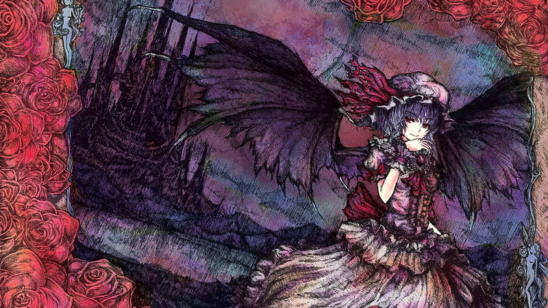 Remilia Scarlet, vampires, anime girls, short hair, 1080P, smiling, Touhou, anime, wings, looking at viewer, red eyes