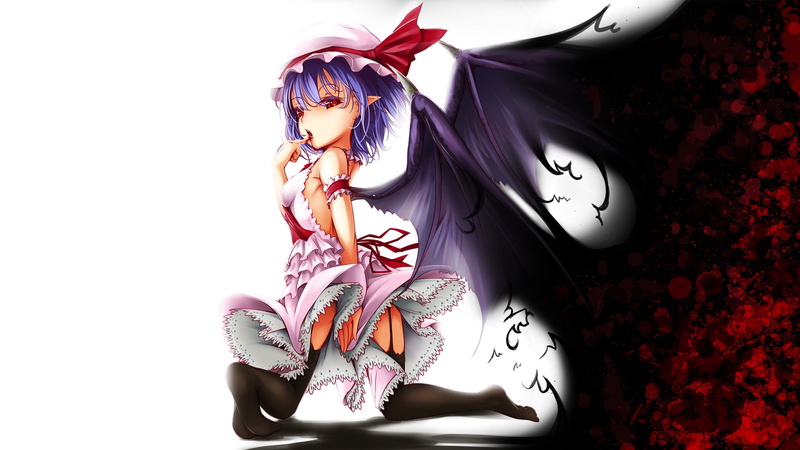1080P, Onigiri, touhou, vampire, bat wings, art, red eyes, black magic, Remilia Scarlet
