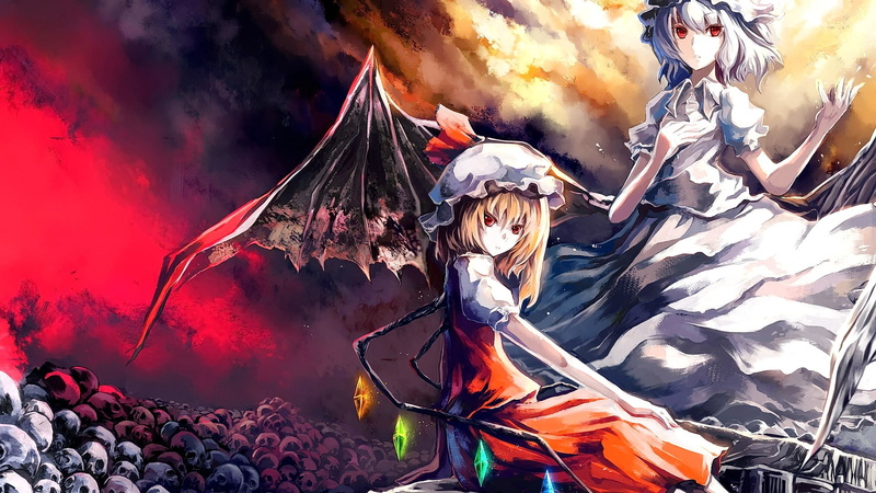 hat, white hair, anime, anime girls, short hair, Touhou, red eyes, wings, 1080P, blonde, Flandre Scarlet, Remilia Scarlet, looking at viewer
