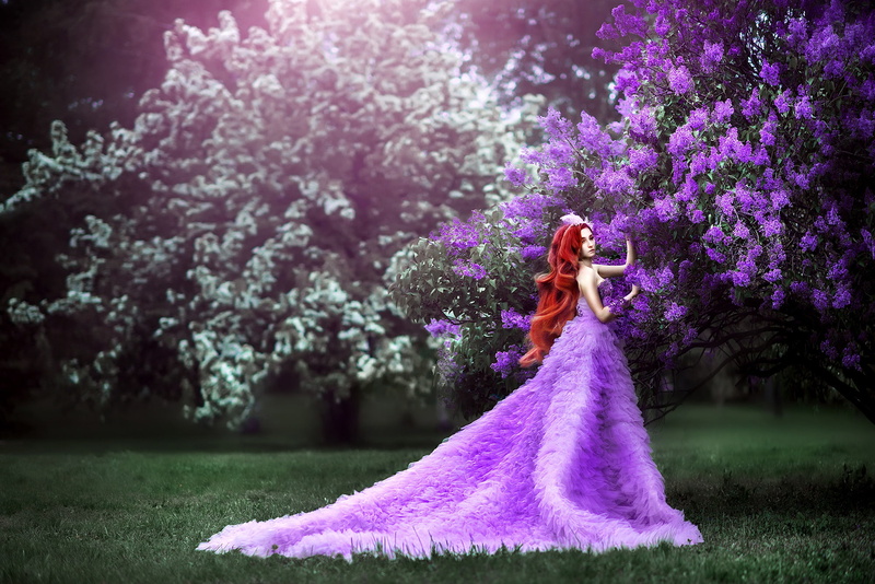 photographer, Princess, flowering, branches, luxury, dress, 1080P, glade, flowers, spring, red, long-haired, hem, pose, garden, walk, girl, lush, fantasy