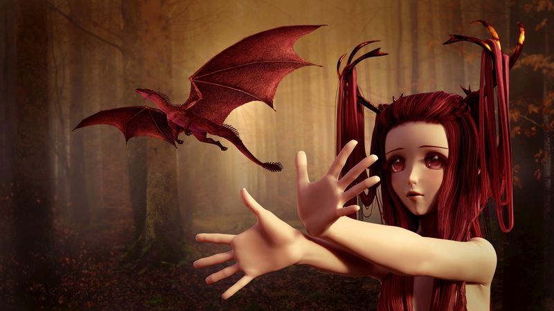 also mother of dragons, nyasha, trunks, look, girl, long-haired, anime, fiction, eyes, portrait, horns, trees, the mother of dragons, cub, Asian, dragon
