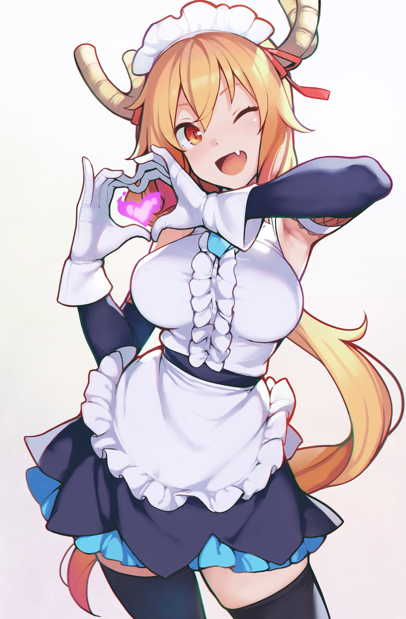 red ribbons, hanging boobs, maid outfit, horns, thighs, redhead, twintails, looking at viewer, blushing, anime, one eye closed, sleeveless, red eyes, heart hands