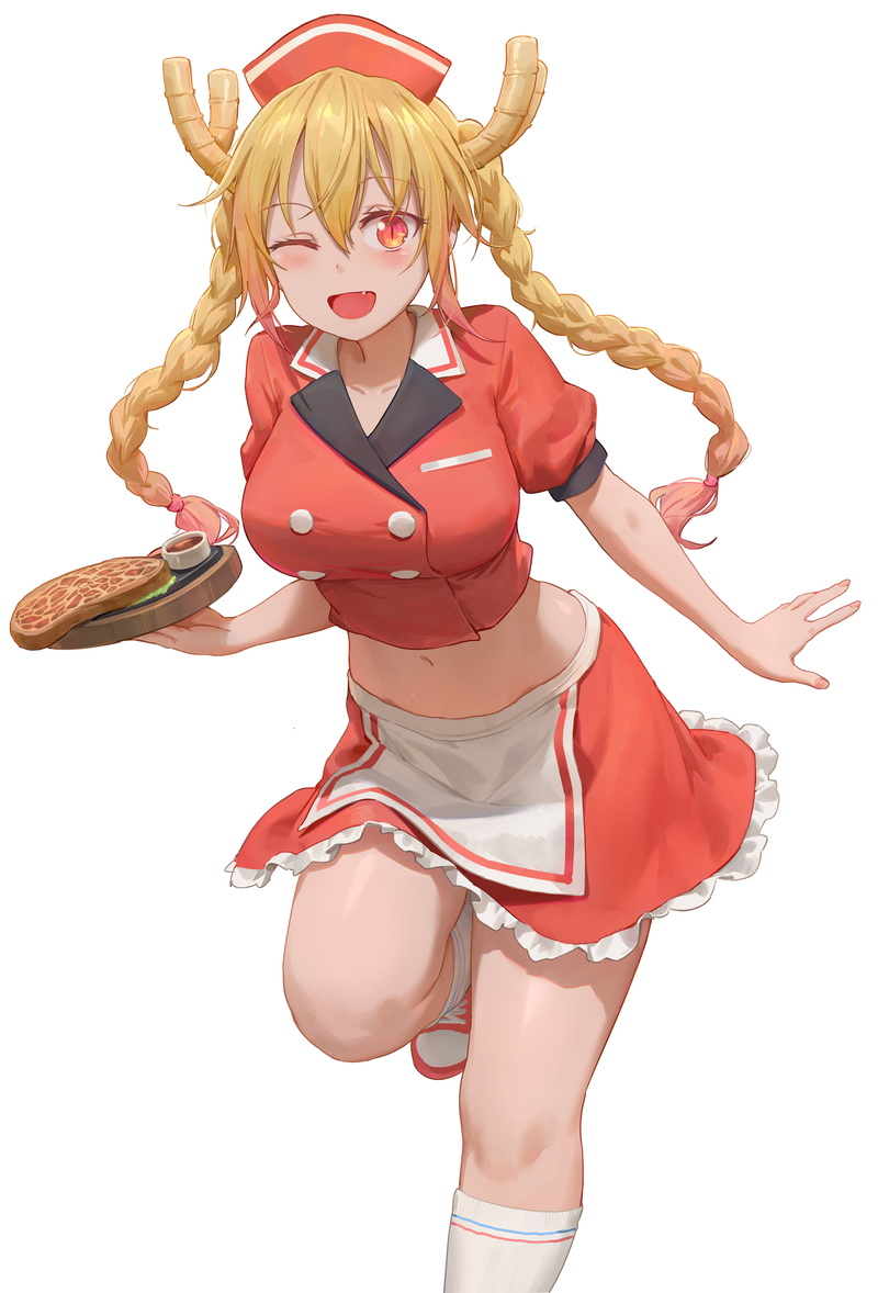 long hair, Tohru (Kobayashi-san Chi no Maid Dragon), standing on one leg, bangs, artwork, one eye closed, 5K, waitress, blonde, thighs, horns, alternate hairstyle