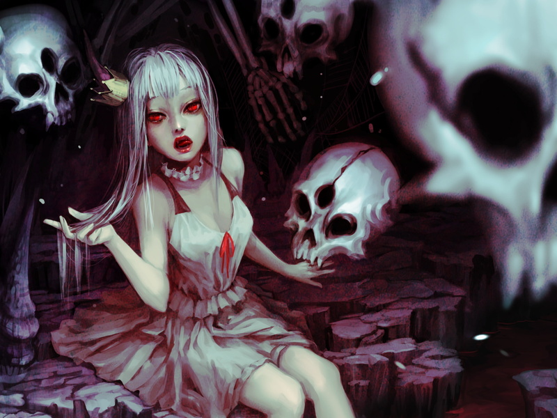 Blood, close-up, 1080P, representation, Girl, Fantasy, Vampire, White Hair, Anime, human skeleton, Crown, human representation, retail, art and craft