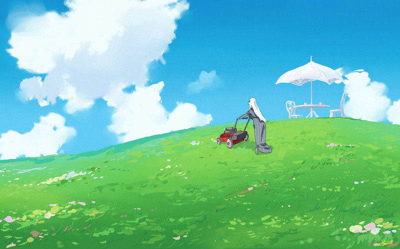 garden, curvy, long hair, women outdoors, clouds, 720P, anime, fan art, parody, witch, black dress, white hair, 2D, Re:Zero Kara Hajimeru Isekai Seikatsu