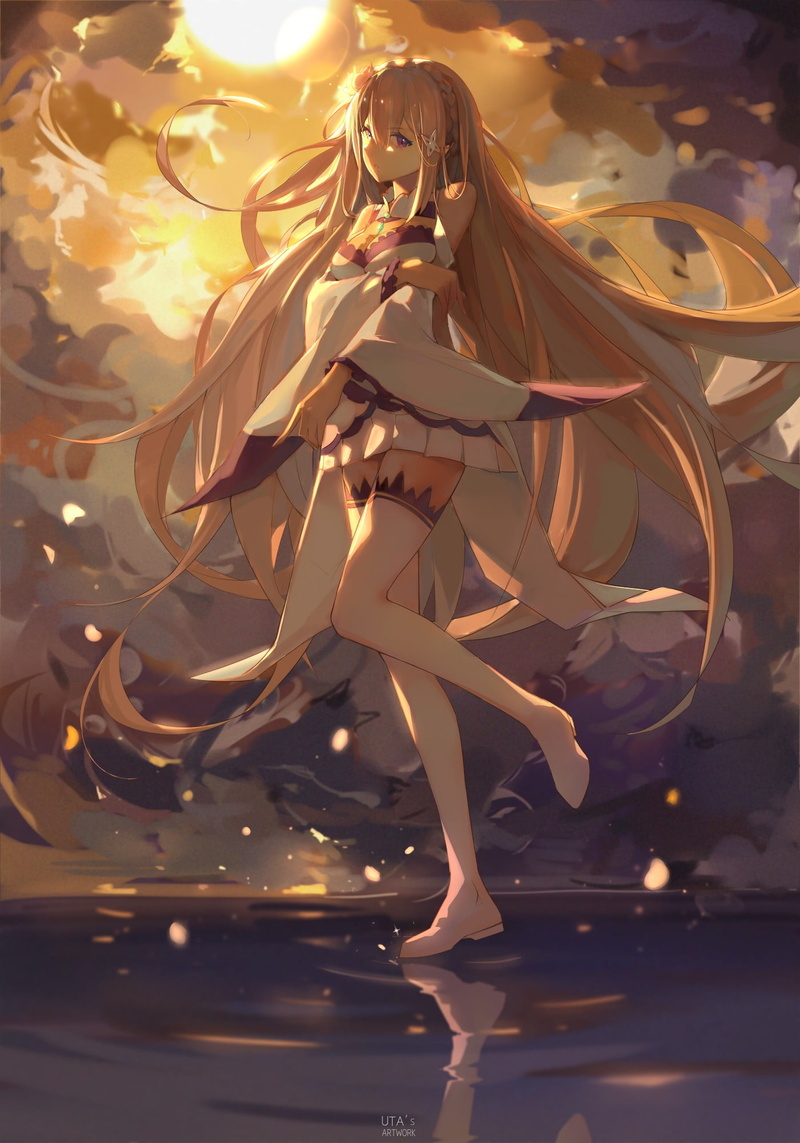 plant, celebration, Emilia (Re: Zero), reflection, creativity, gold colored, no people, focus on foreground, illuminated, low angle view, indoors, flowering plant