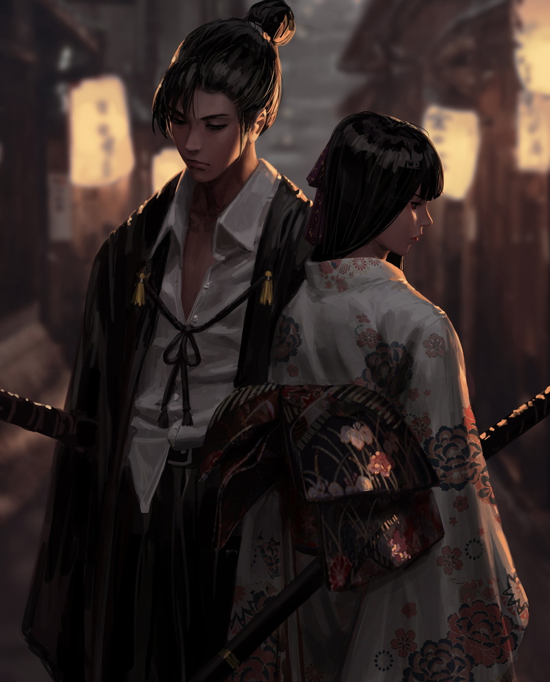 kimono, digital art, Japanese kimono, drawing, Bad guys, portrait, 4K, GUWEIZ, original characters, artwork