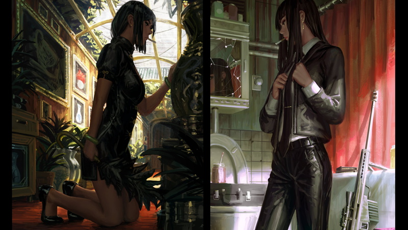 mixed fonts, GUWEIZ, Bad guys, smoking, 2K, anime girls