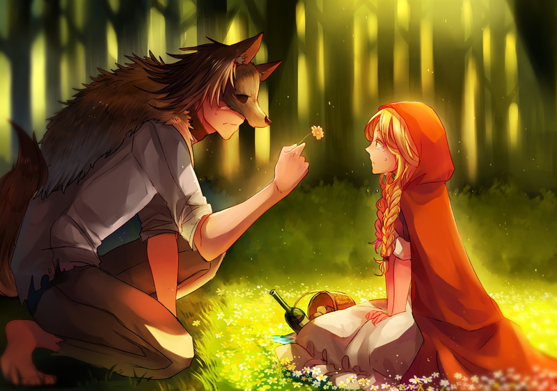 female, romance, togetherness, women, art, hairstyle, kneeling, 2K, three quarter length, wolf, leisure activity, religion, people, Big Bad Wolf, real people