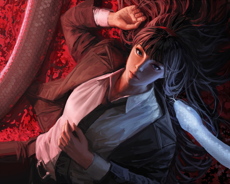red leaves, GUWEIZ, jacket, women, artwork, digital painting, black clothing, snake, Bad guys, white shirt, digital art, 4K