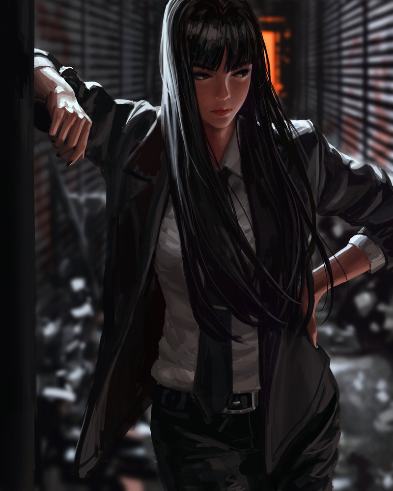 digital art, suits, women, 4K, GUWEIZ, Bad guys, artwork, black clothing, digital painting, black hair, portrait display