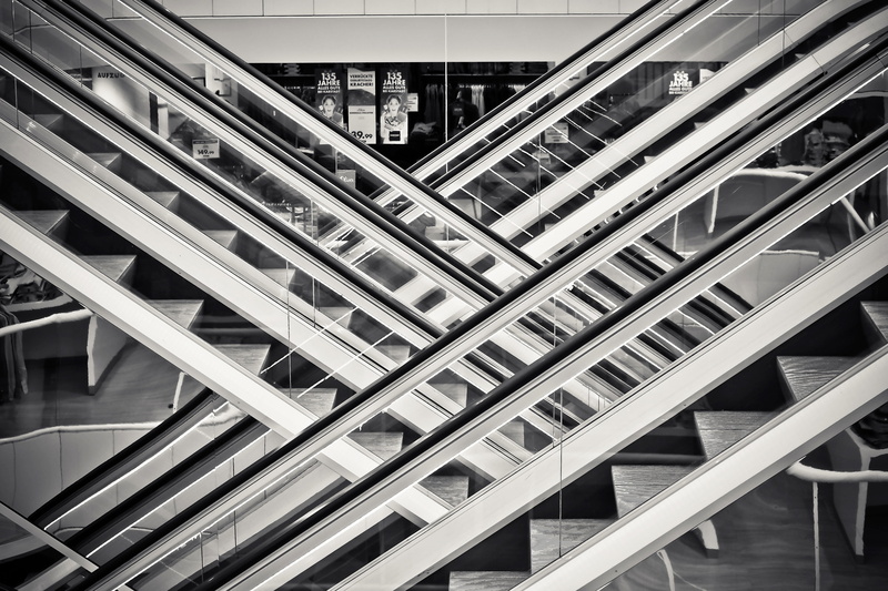 backgrounds, escalators, staircase, purchasing, shopping, no people, close-up, black, city, sunlight, shopping centre, connection, steel, company, scale