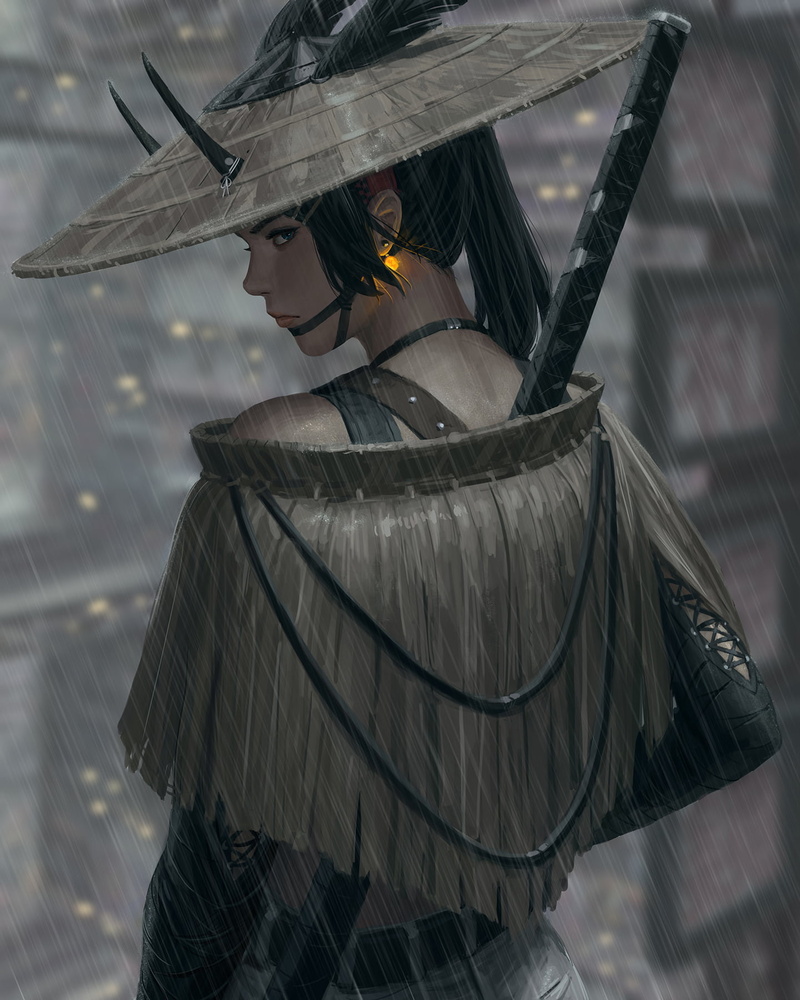 720P, GUWEIZ, fictional characters, bare shoulders, digital art, hat, digital painting, fictional character, women, artwork, shinobi, katana