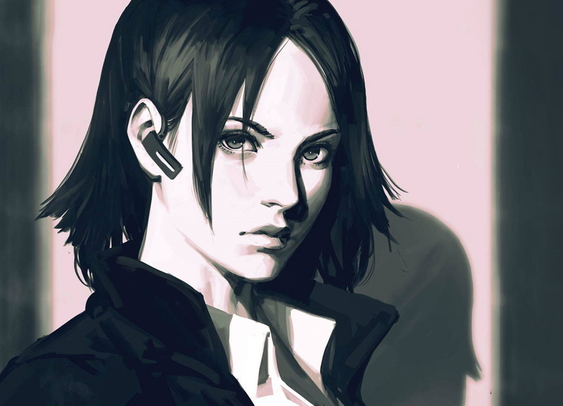 bangs, art, Guweiz, portrait of a girl, shadow, high collar, look, haircut, 1080P, black and white, face, Bluetooth