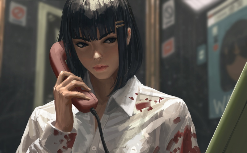 telephone, anime, 4K, anime girls, GUWEIZ