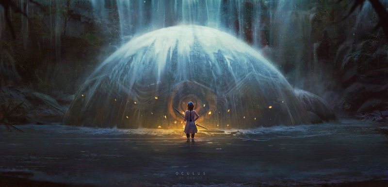 waterfall, water, watermark, guweiz, weapon, braids, petals, bow, summer, night, (weapon), dress, wet, 720P