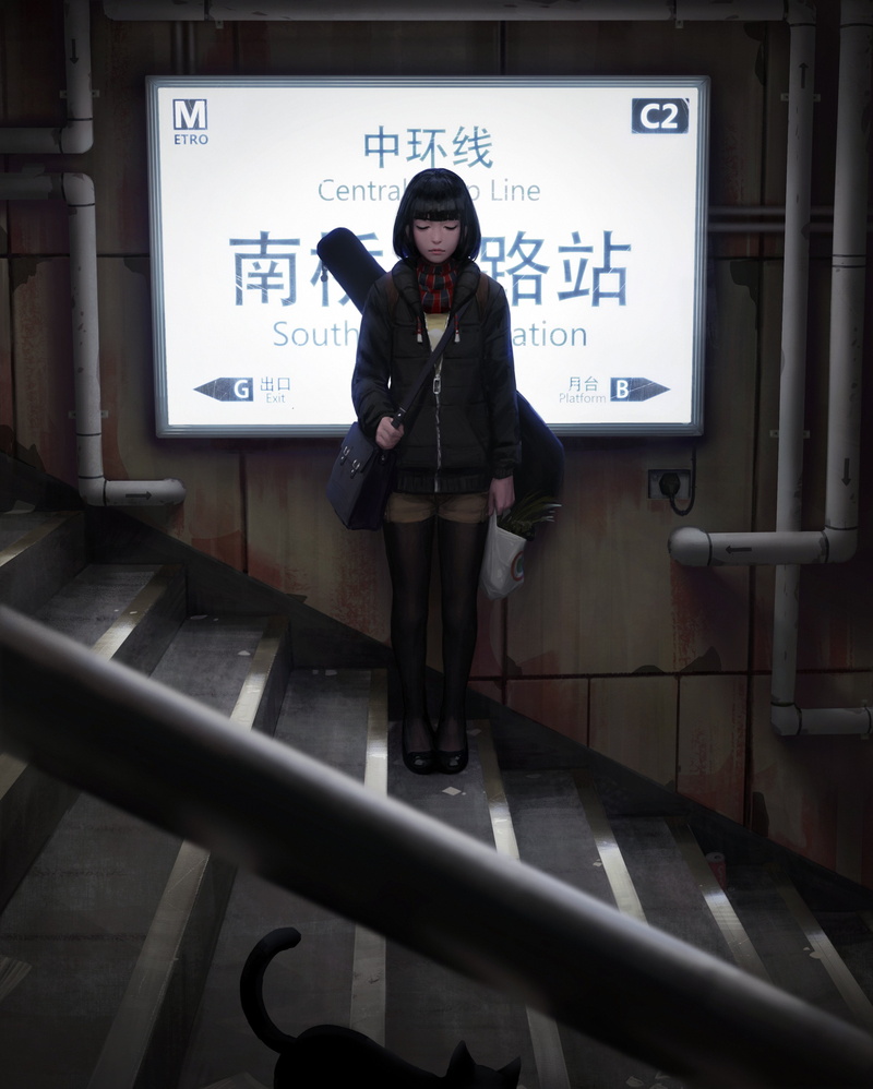 drawing, GUWEIZ, train station, subway, artwork, digital art, cats, guitar, 2K