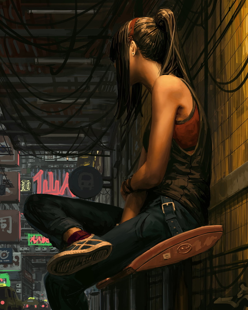 women, GUWEIZ, digital art, legs crossed, looking out window, 720P, digital painting, artwork