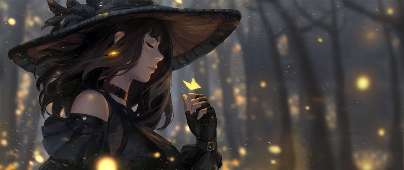 artwork, witch hat, 2K, digital art, anime girls, witch, ultrawide, GUWEIZ