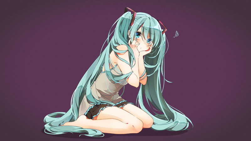 colored background, anime, young adult, full length, Hatsune Miku, anime girls, blond hair, barefoot, long hair, purple, adult, fashion, Vocaloid, 1080P
