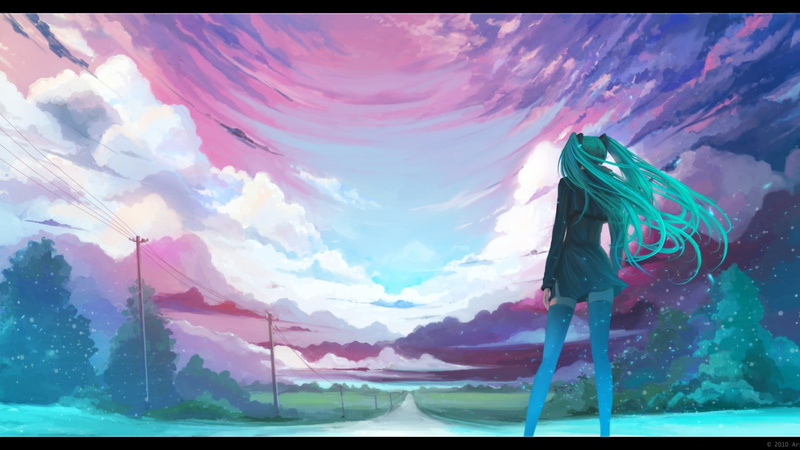 day, outdoors, water, anime girls, no people, road, mountain range, nature, sea, beauty in nature, hatsune, cloud - sky, pink color, clouds