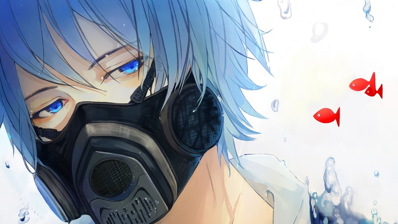 anime, gas masks, 1080P, blue eyes, Kaito, Vocaloid